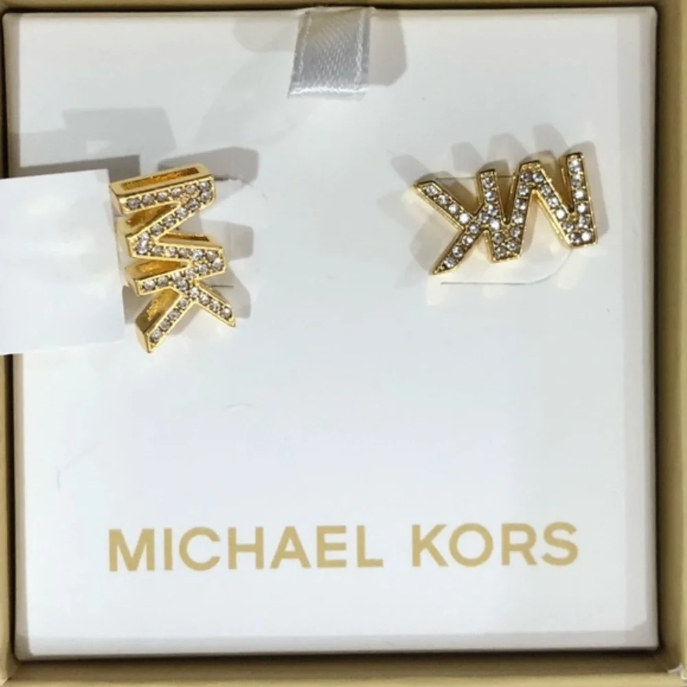 Michael Kors round crystal rhinestone embellished MK logo monogram stud earrings
